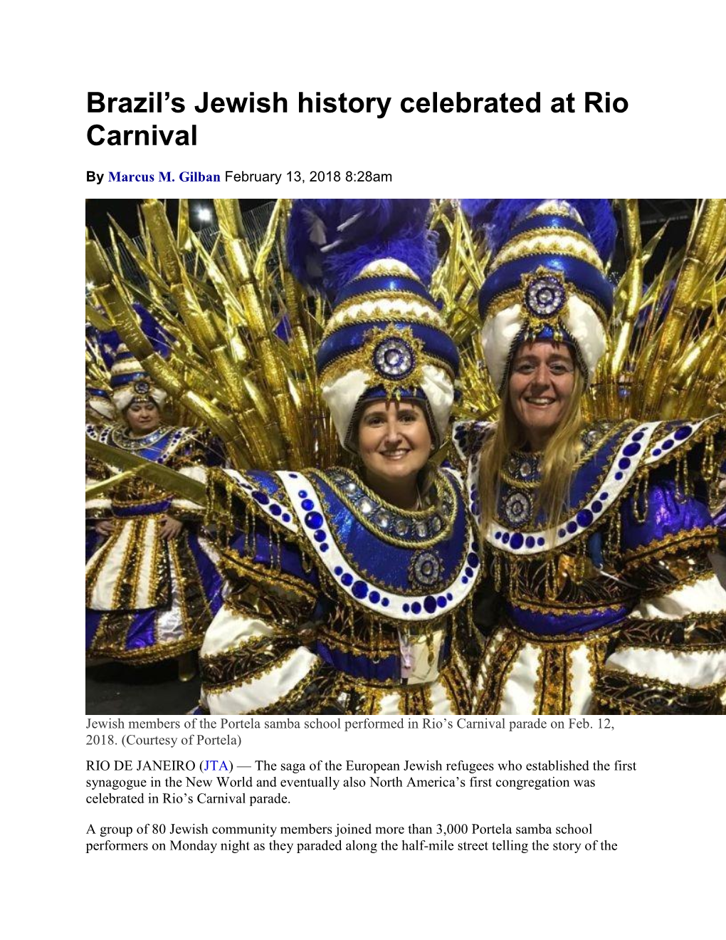 Brazil's Jewish History Celebrated at Rio Carnival