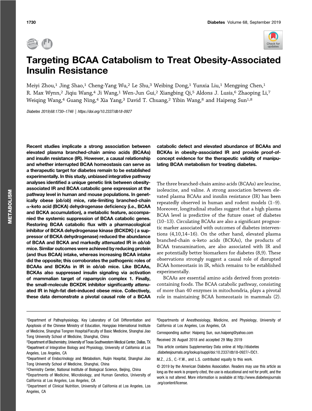 Targeting BCAA Catabolism to Treat Obesity-Associated Insulin Resistance