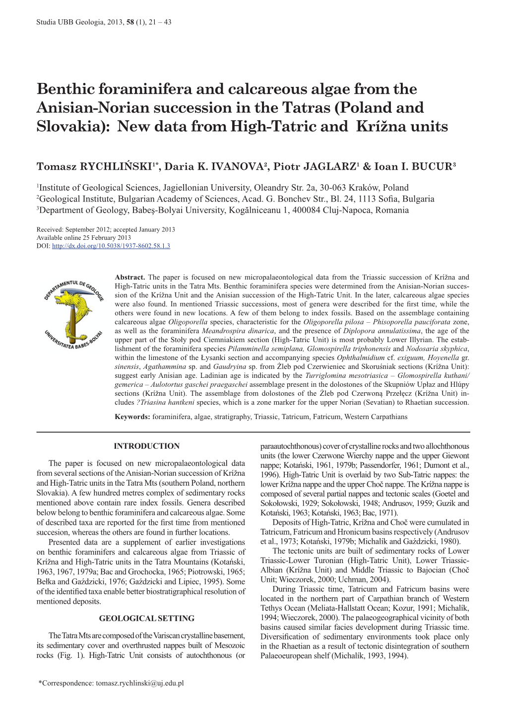 Benthic Foraminifera and Calcareous Algae from the Anisianâ‹™Norian