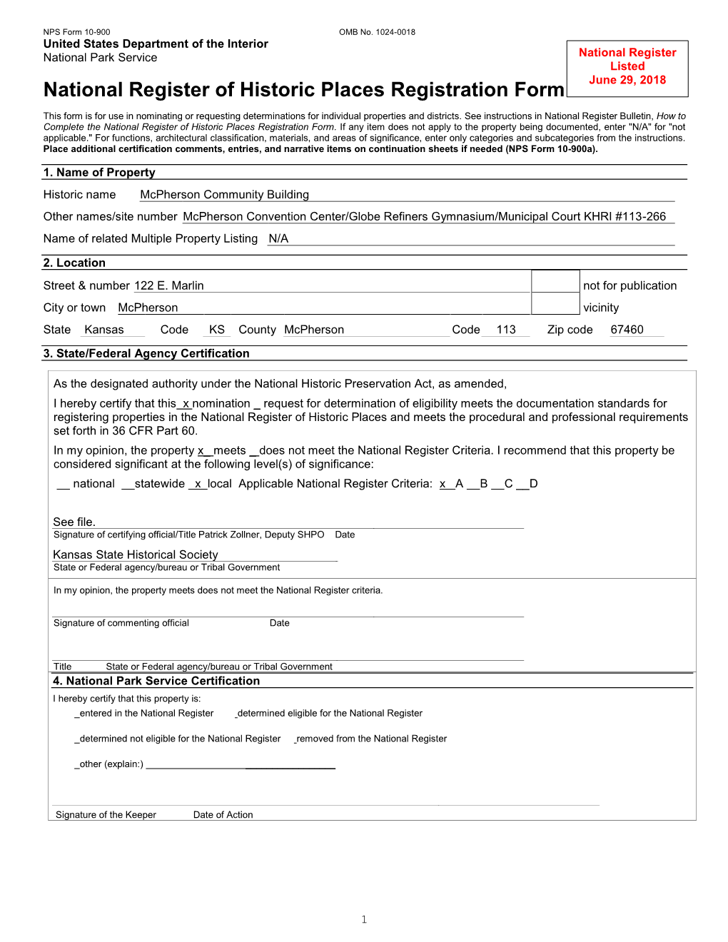 NPS Form 10 900 OMB No. 1024 0018