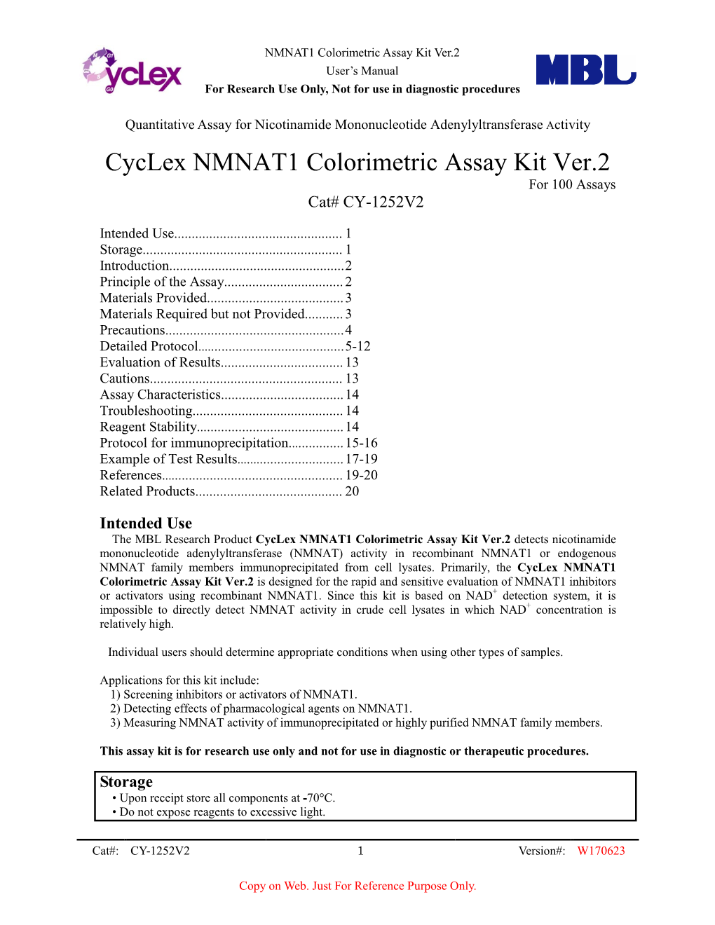 Cyclex NMNAT1 Colorimetric Assay Kit Ver.2 for 100 Assays Cat# CY-1252V2