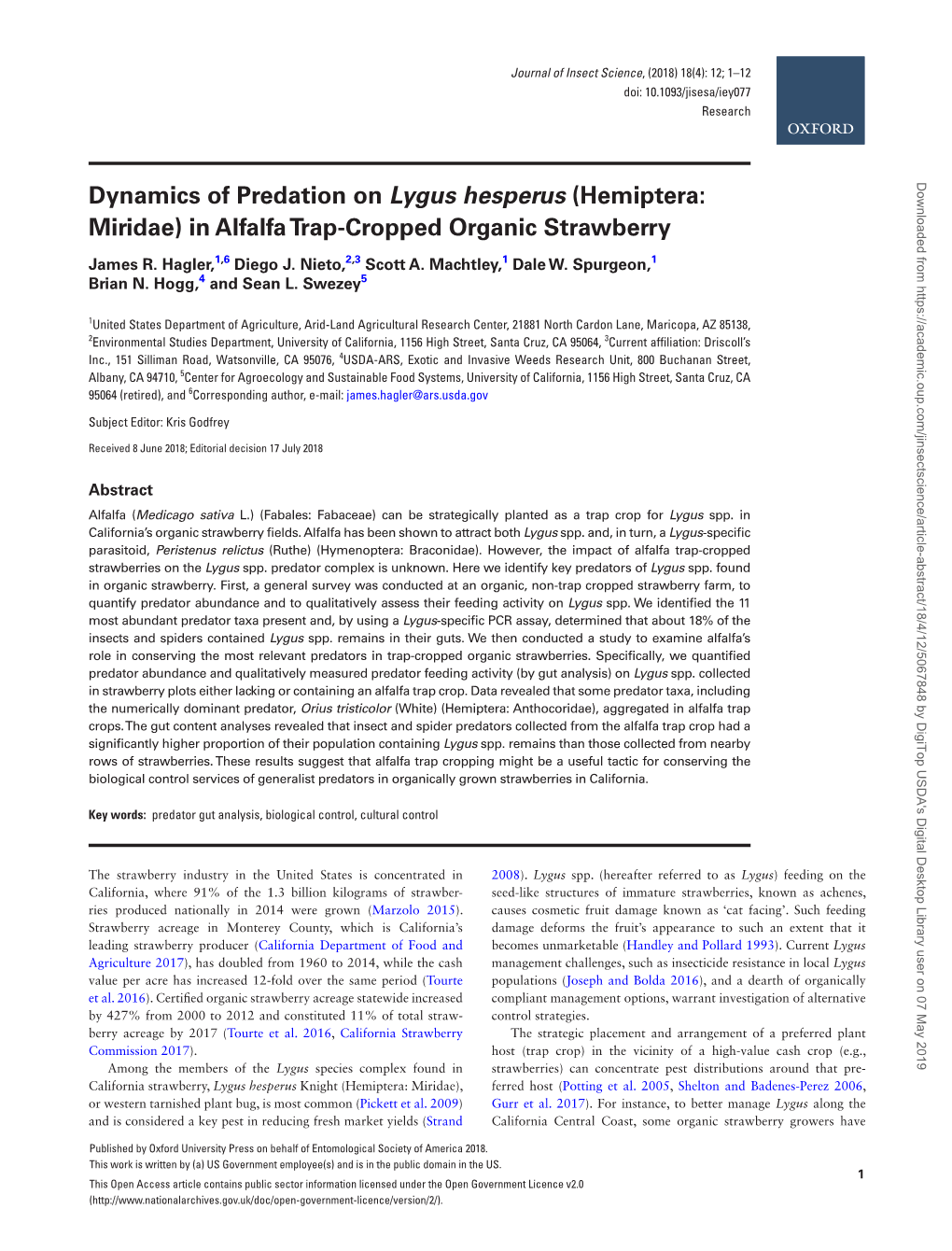 Dynamics of Predation on Lygus Hesperus (Hemiptera: Miridae) in Alfalfa Trap-Cropped Organic Strawberry