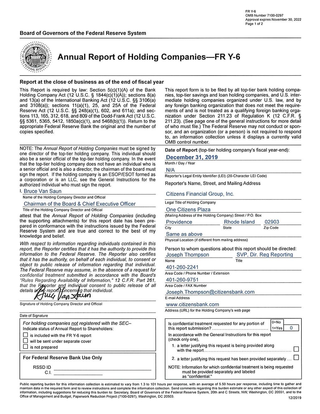 Citizens Financial Group, Inc. FR Y-6 Cross Reference Index December 31, 2019