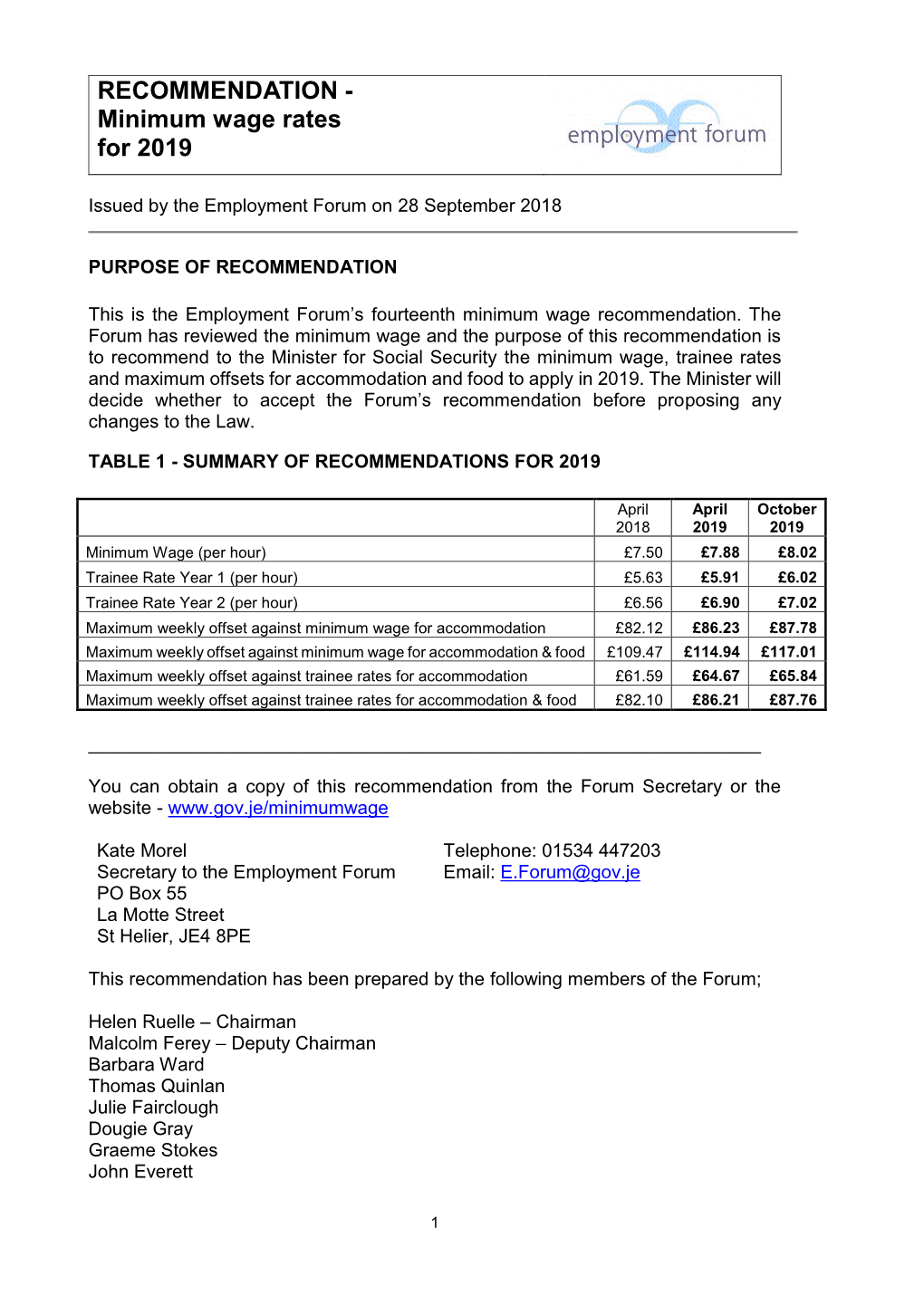 RECOMMENDATION - Minimum Wage Rates for 2019