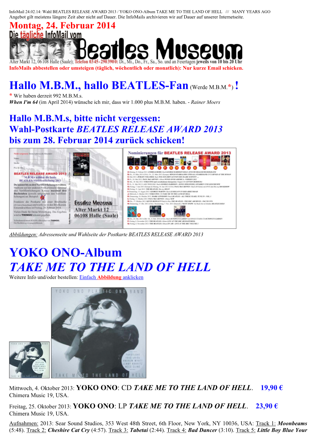 YOKO ONO-Album TAKE ME to the LAND of HELL /// MANY YEARS AGO Angebot Gilt Meistens Längere Zeit Aber Nicht Auf Dauer