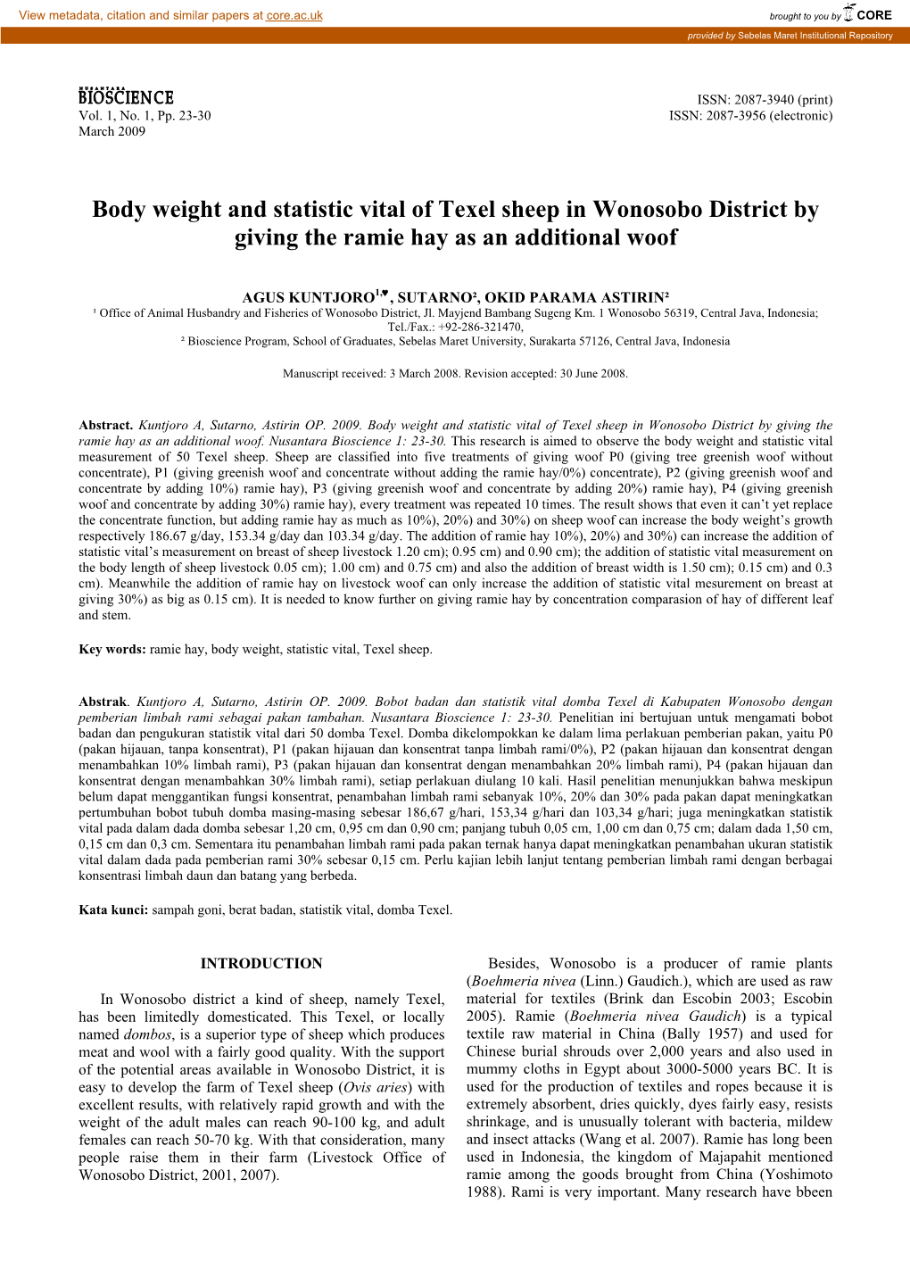 Body Weight and Statistic Vital of Texel Sheep in Wonosobo District by Giving the Ramie Hay As an Additional Woof