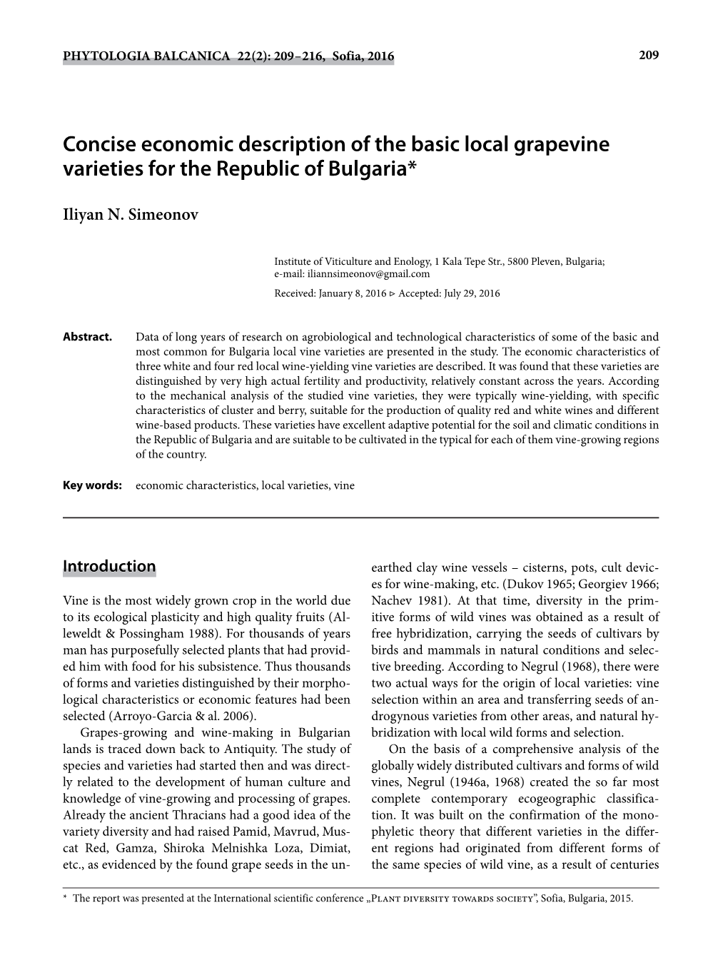 Concise Economic Description of the Basic Local Grapevine Varieties for the Republic of Bulgaria*