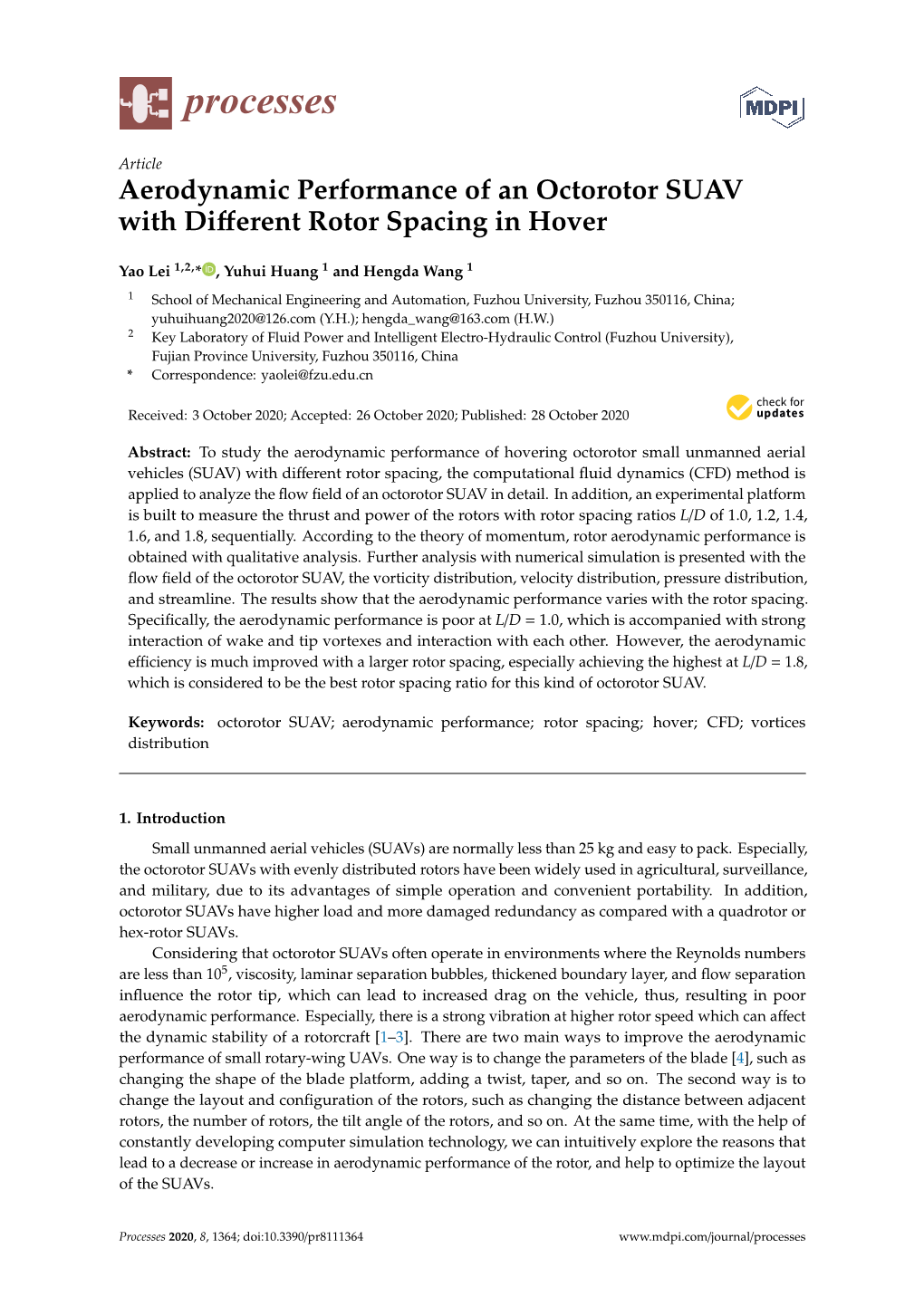 Aerodynamic Performance of an Octorotor SUAV with Different Rotor Spacing in Hover