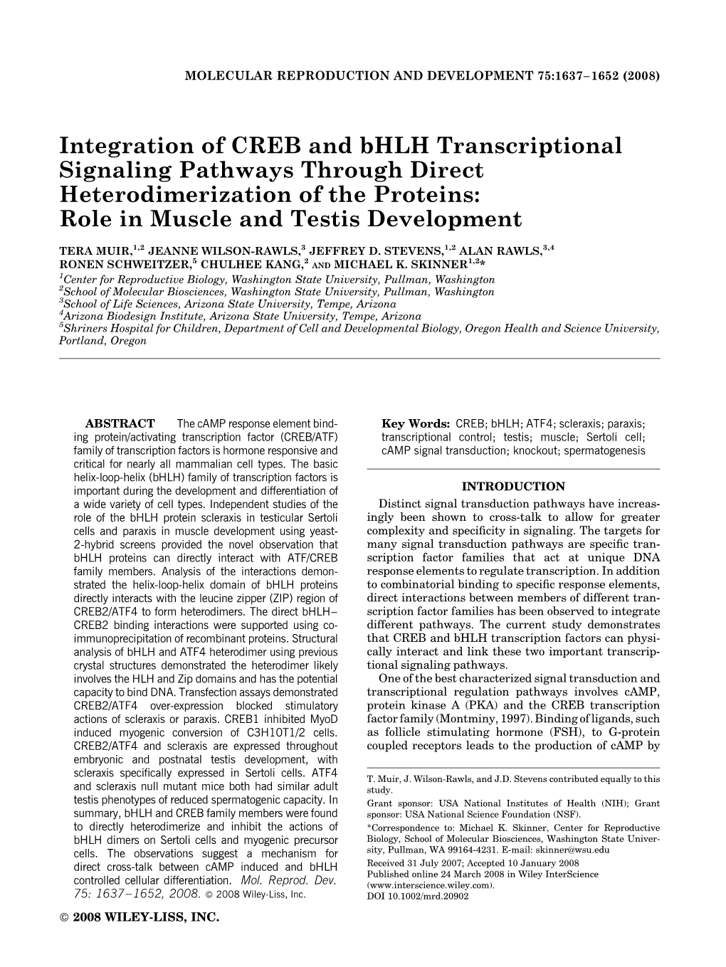 Integration of CREB and Bhlh Transcriptional Signaling Pathways Through Direct Heterodimerization of the Proteins: Role in Muscle and Testis Development