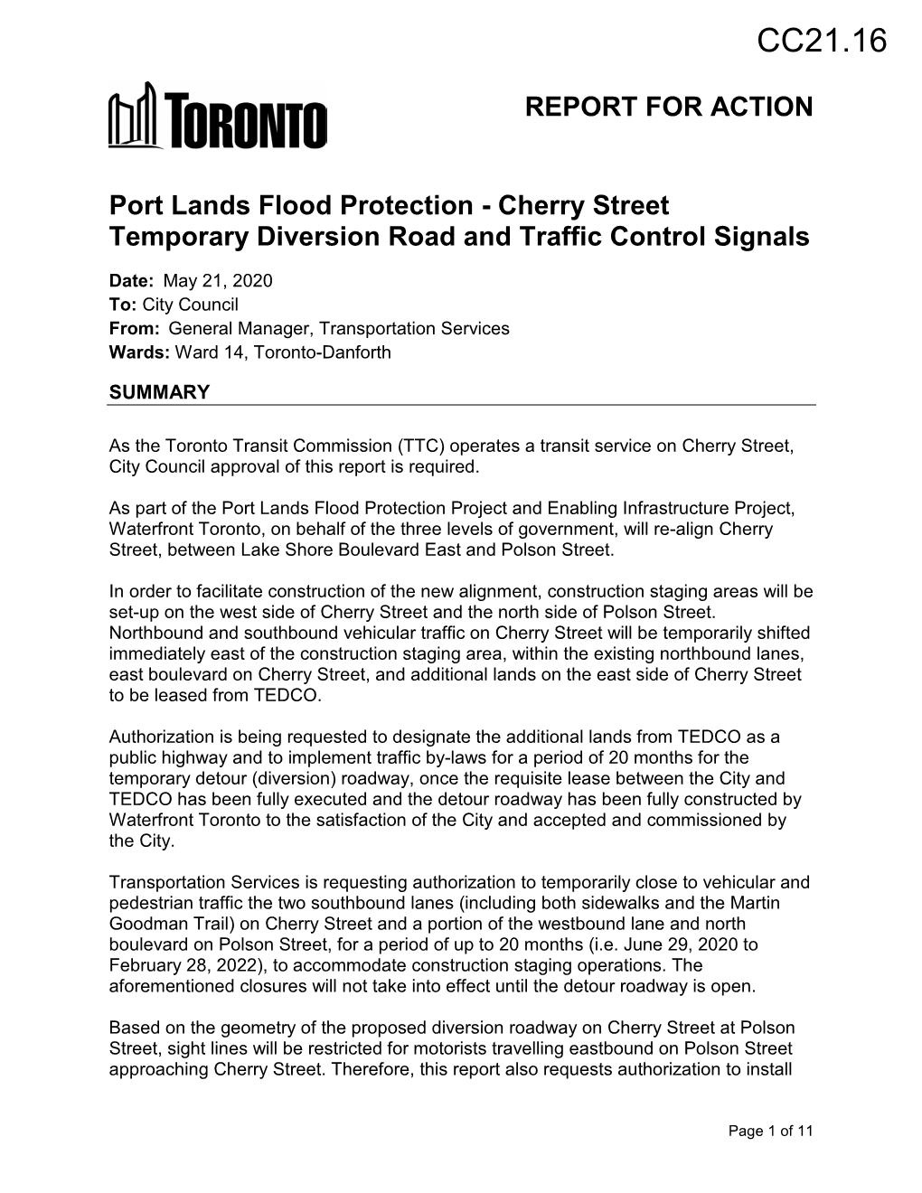 Port Lands Flood Protection - Cherry Street Temporary Diversion Road and Traffic Control Signals