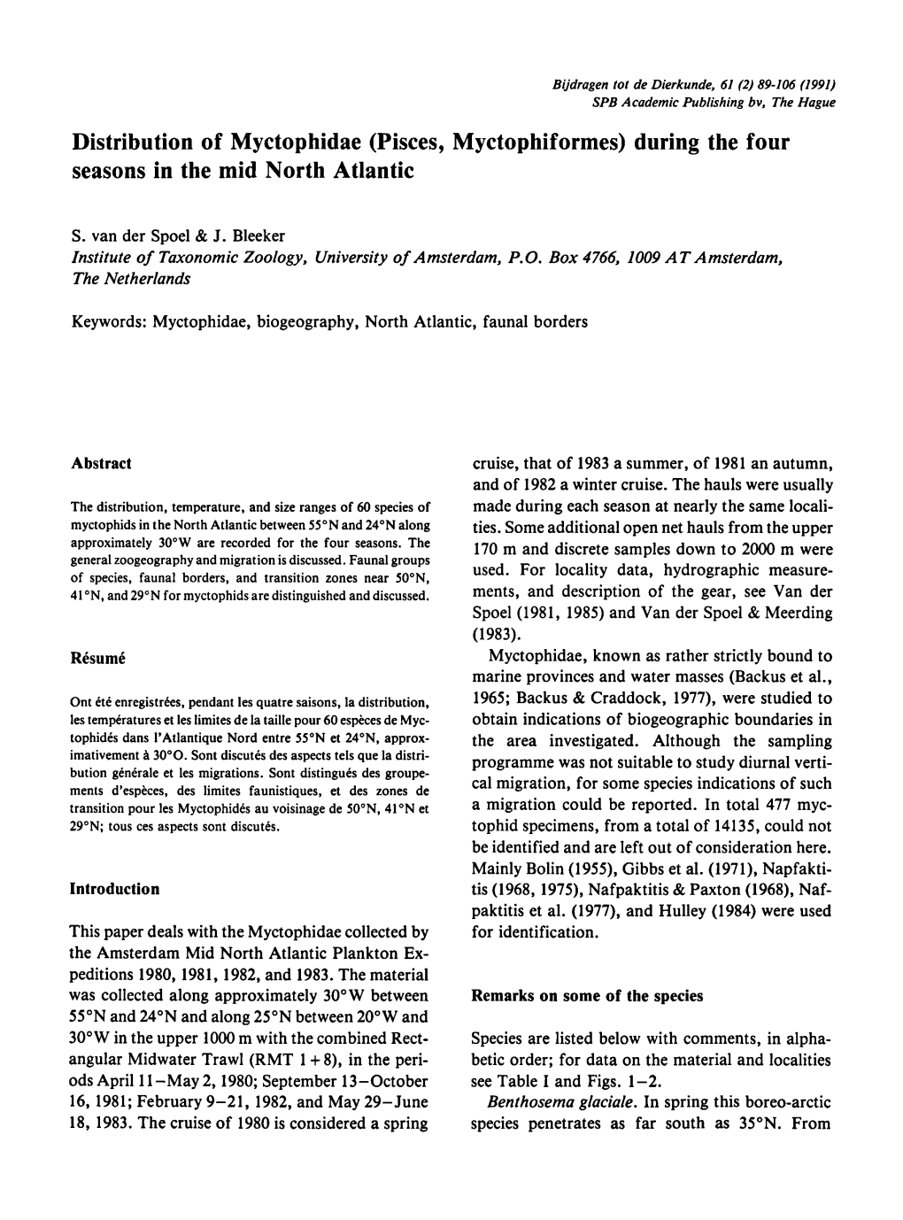 Of Myctophidae (Pisces, Myctophiformes) During the Four