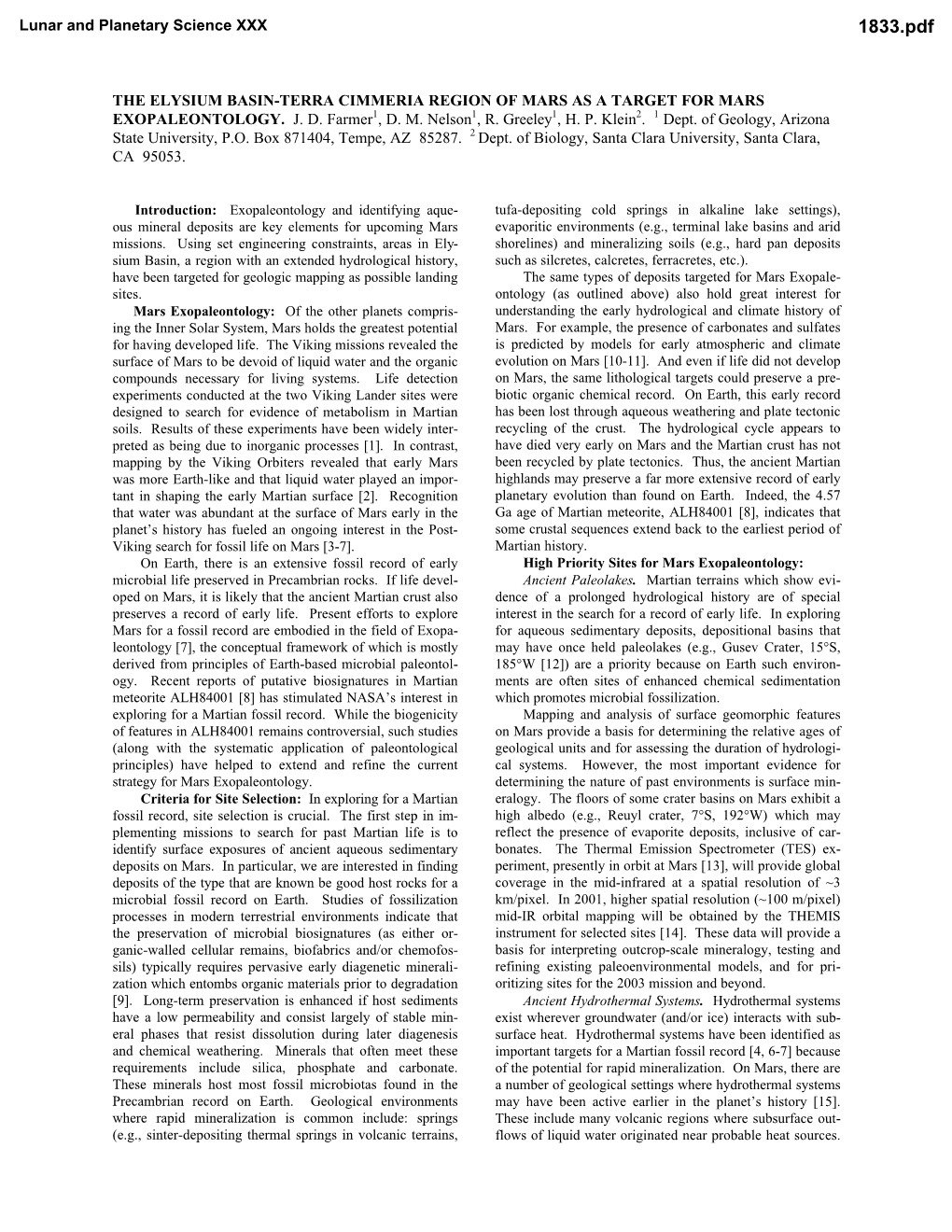 The Elysium Basin-Terra Cimmeria Region of Mars As a Target for Mars Exopaleontology