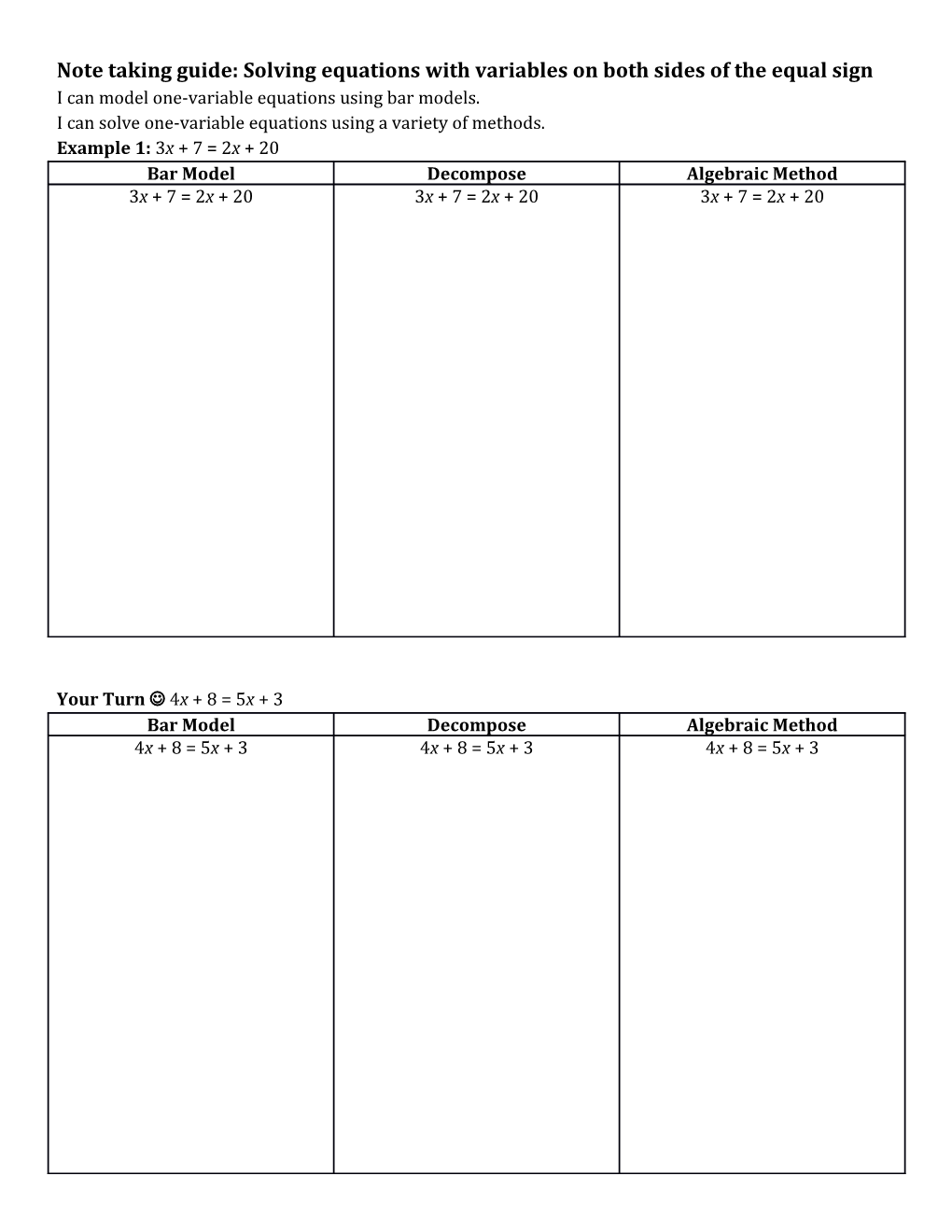 Note Taking Guide: Solving Equations with Variables on Both Sides of the Equal Sign