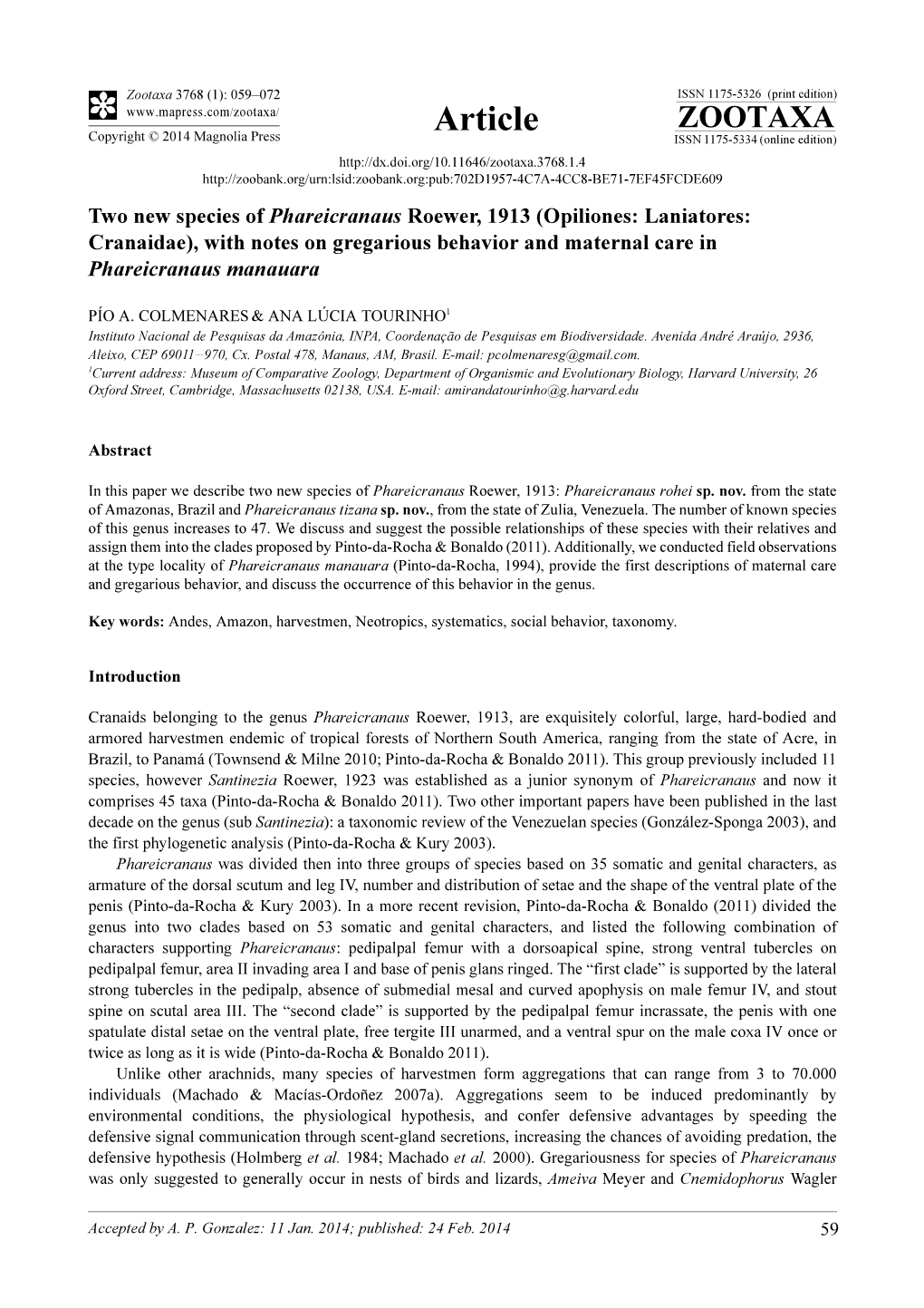 Opiliones: Laniatores: Cranaidae), with Notes on Gregarious Behavior and Maternal Care in Phareicranaus Manauara