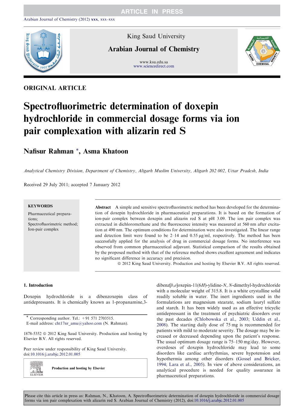 Spectrofluorimetric Determination of Doxepin
