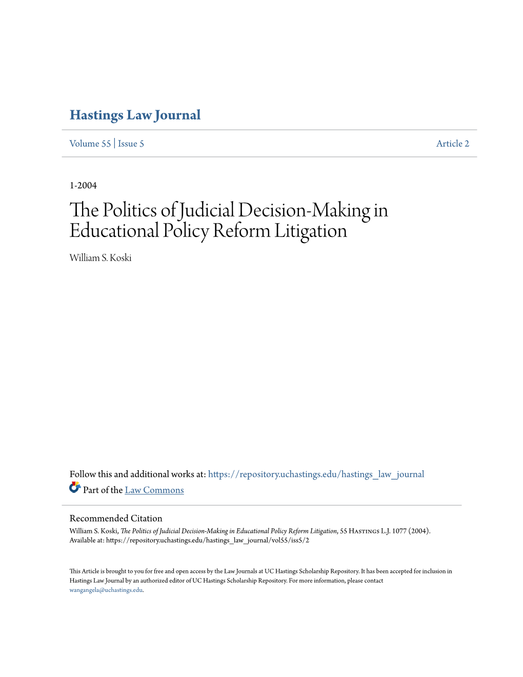 The Politics of Judicial Decision-Making in Educational Policy Reform Litigation, 55 Hastings L.J