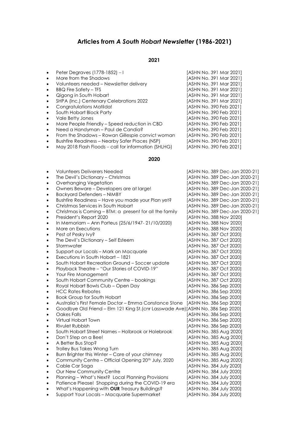 Articles from a South Hobart Newsletter (1986-2021)