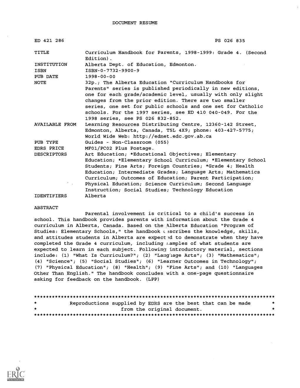 DOCUMENT RESUME Curriculum Handbook for Parents, 1998-1999