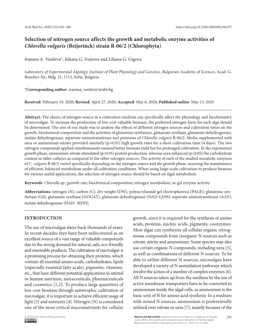 Selection of Nitrogen Source Affects the Growth and Metabolic Enzyme Activities of Chlorella Vulgaris (Beijerinck) Strain R-06/2 (Chlorophyta)