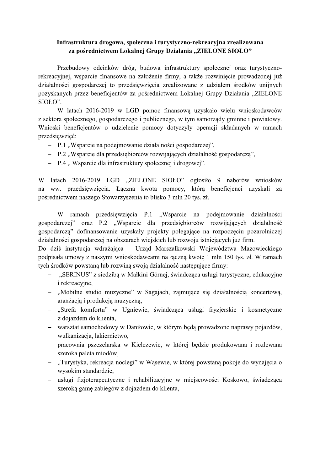 Infrastruktura Drogowa, Społeczna I Turystyczno-Rekreacyjna Zrealizowana Za Pośrednictwem Lokalnej Grupy Działania „ZIELONE SIOŁO”