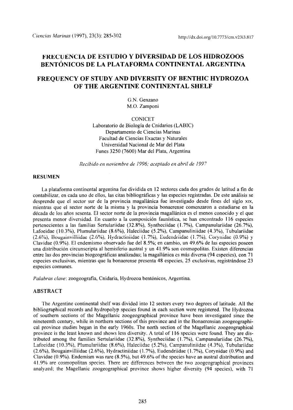 Frecuencia De Estudio Y Diversidad De Los Hidrozoos Bentónicos De La Plataforma Continental Argentina