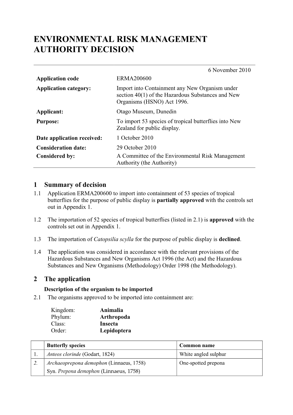 Environmental Risk Management Authority Decision