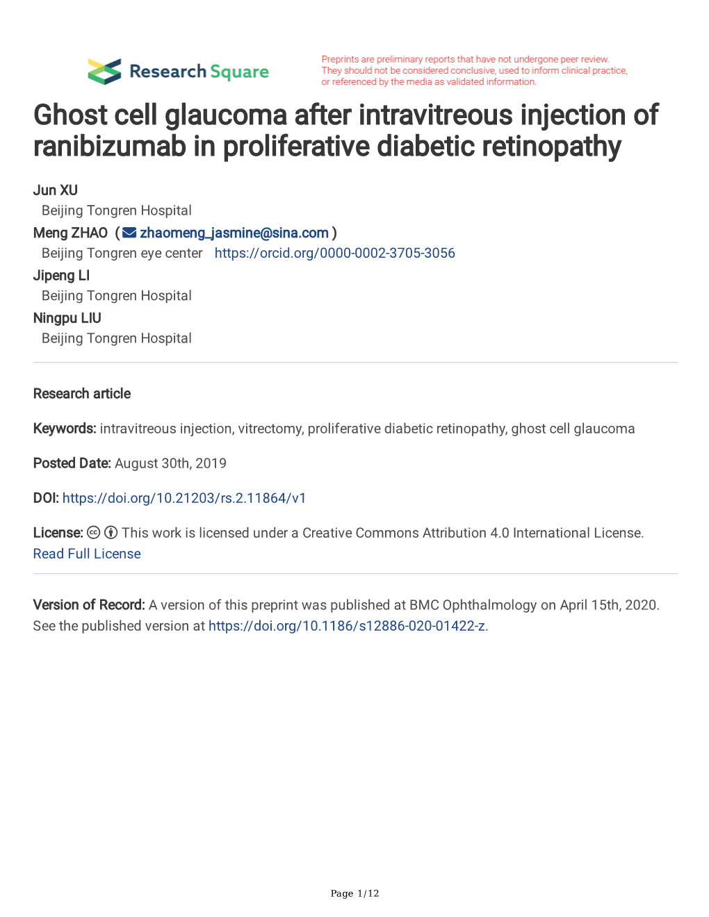 Ghost Cell Glaucoma After Intravitreous Injection of Ranibizumab in Proliferative Diabetic Retinopathy