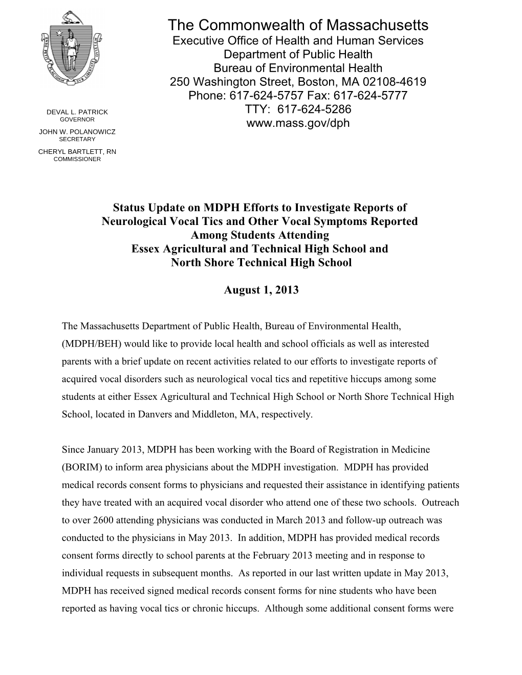 Status Update on Mdph Efforts to Investigate Reports of Neurological Vocal Tics and Other