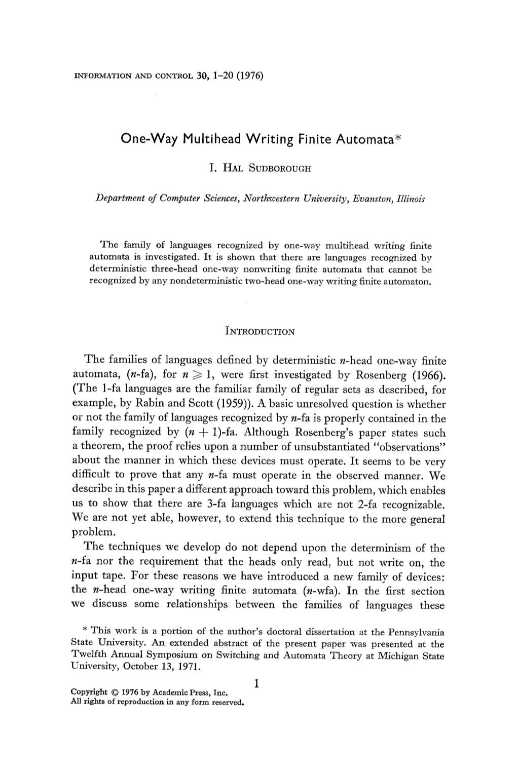 One-Way Multihead Writing Finite Automata*