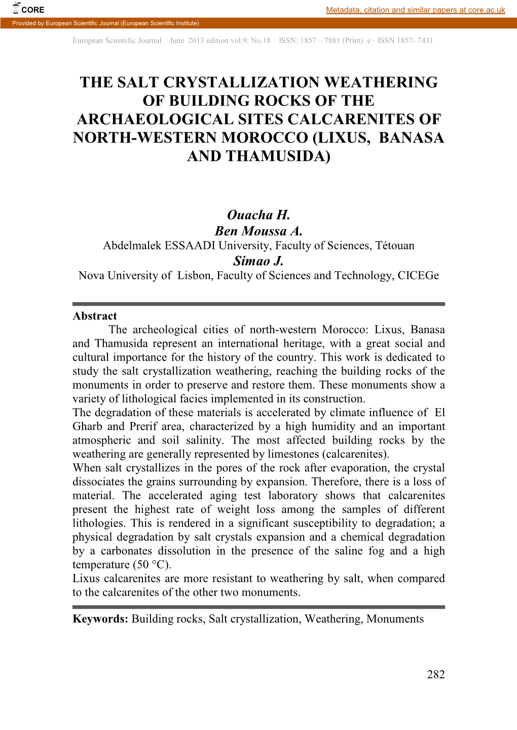 The Salt Crystallization Weathering of Building Rocks of the Archaeological Sites Calcarenites of North-Western Morocco (Lixus, Banasa and Thamusida)