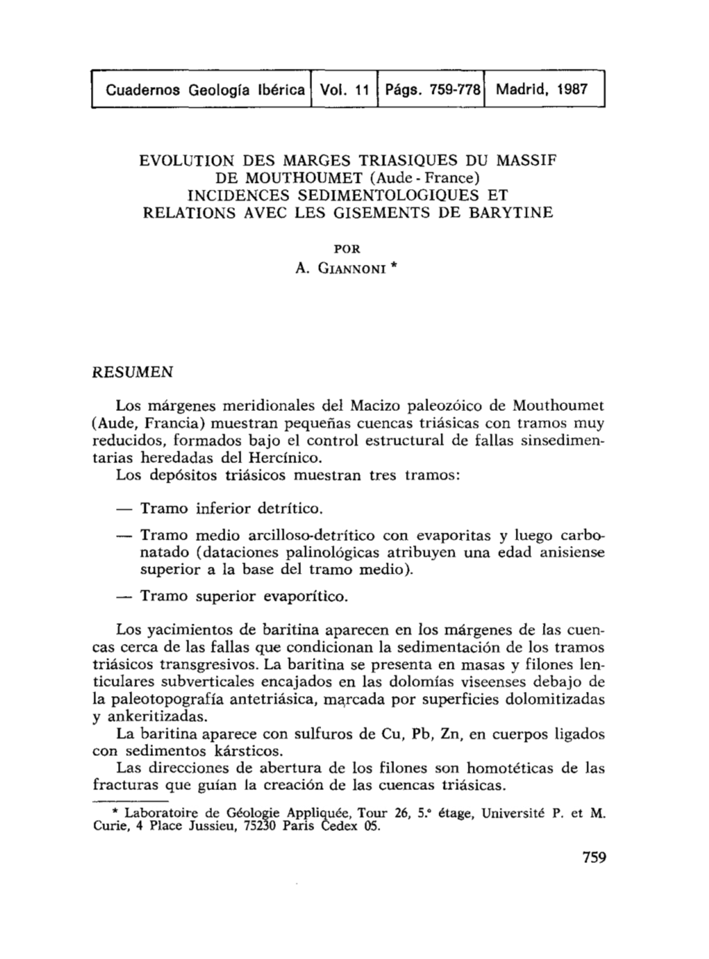 Cuadernos Geología Ibérica Vol. 11 Págs. 759-778 Madrid, 1987