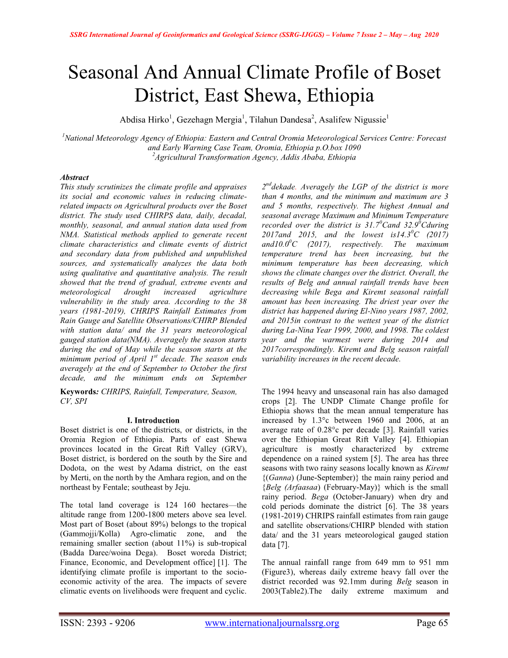 Seasonal and Annual Climate Profile of Boset District, East Shewa, Ethiopia