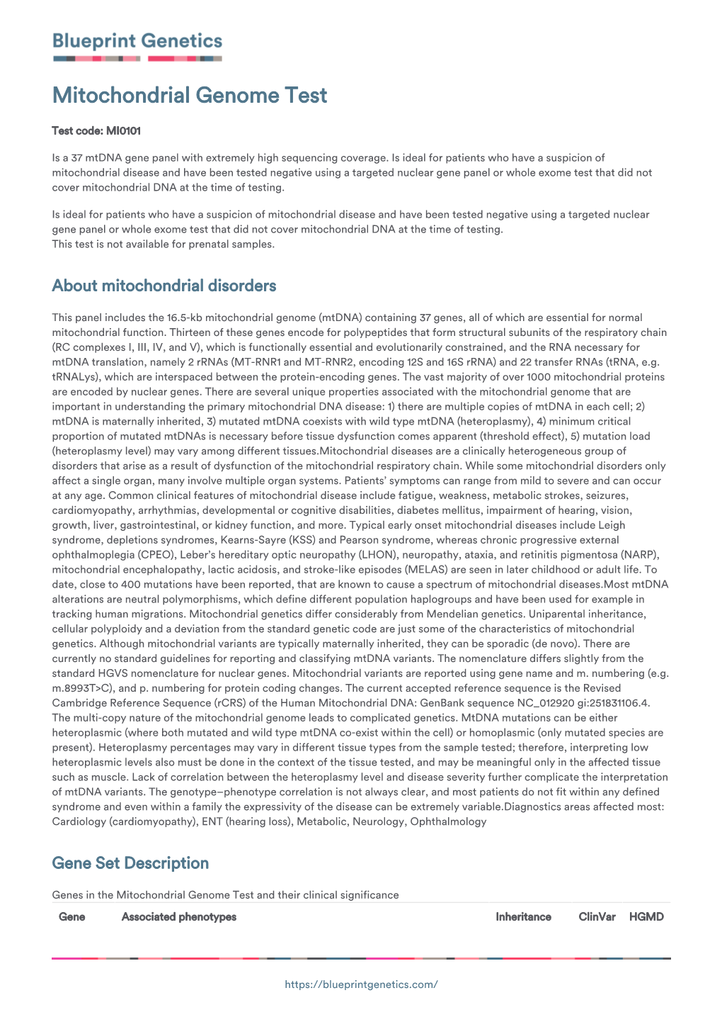 Blueprint Genetics Mitochondrial Genome Test