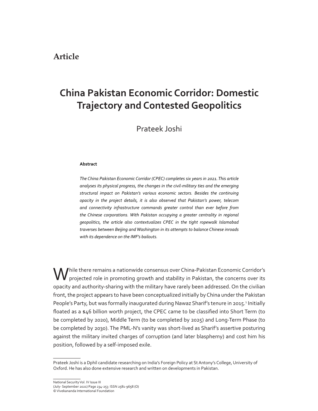 China Pakistan Economic Corridor: Domestic Trajectory and Contested Geopolitics