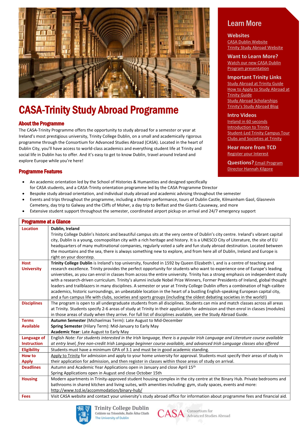 CASA-Trinity Study Abroad Programme