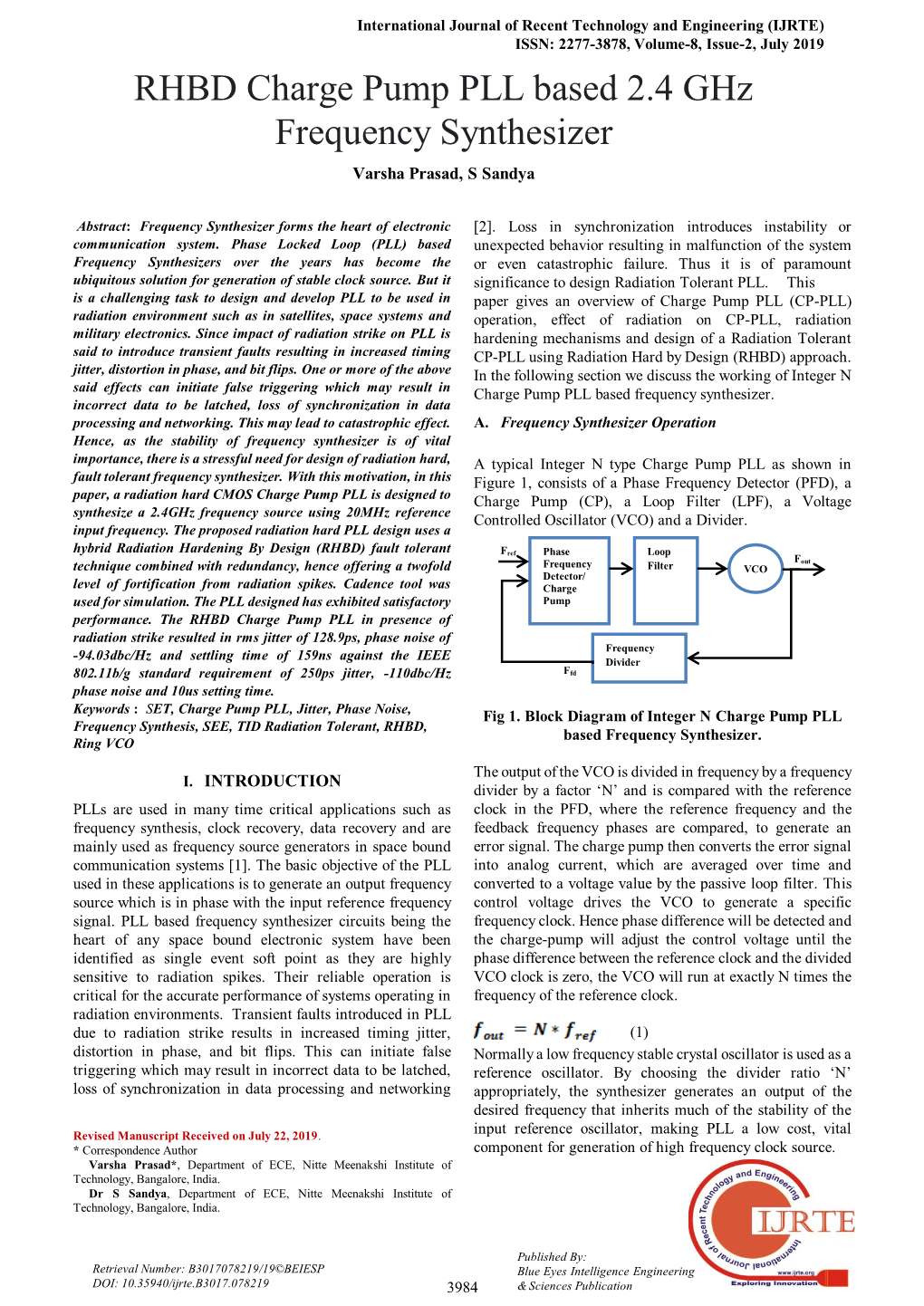 RHBD Charge Pump PLL Based 2.4 Ghz Frequency Synthesizer Varsha Prasad, S Sandya