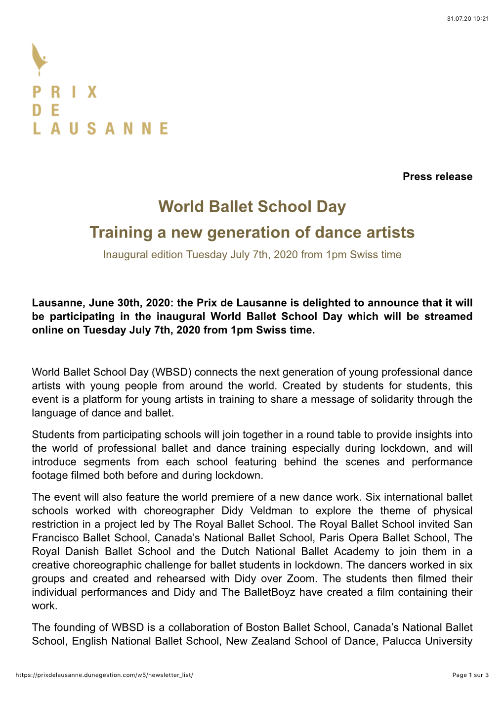 World Ballet School Day Training a New Generation of Dance Artists Inaugural Edition Tuesday July 7Th, 2020 from 1Pm Swiss Time