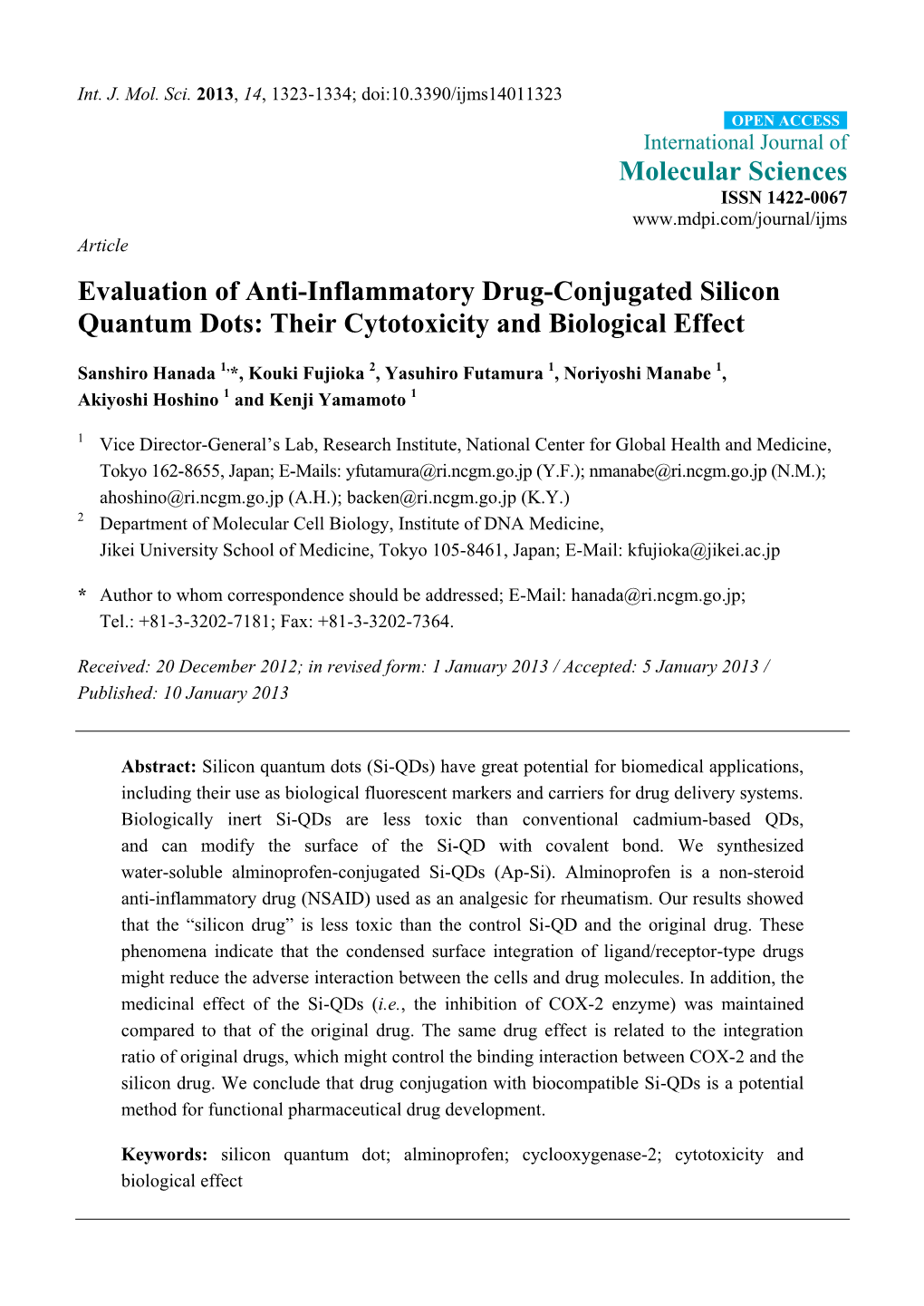 Evaluation of Anti-Inflammatory Drug-Conjugated Silicon Quantum Dots: Their Cytotoxicity and Biological Effect