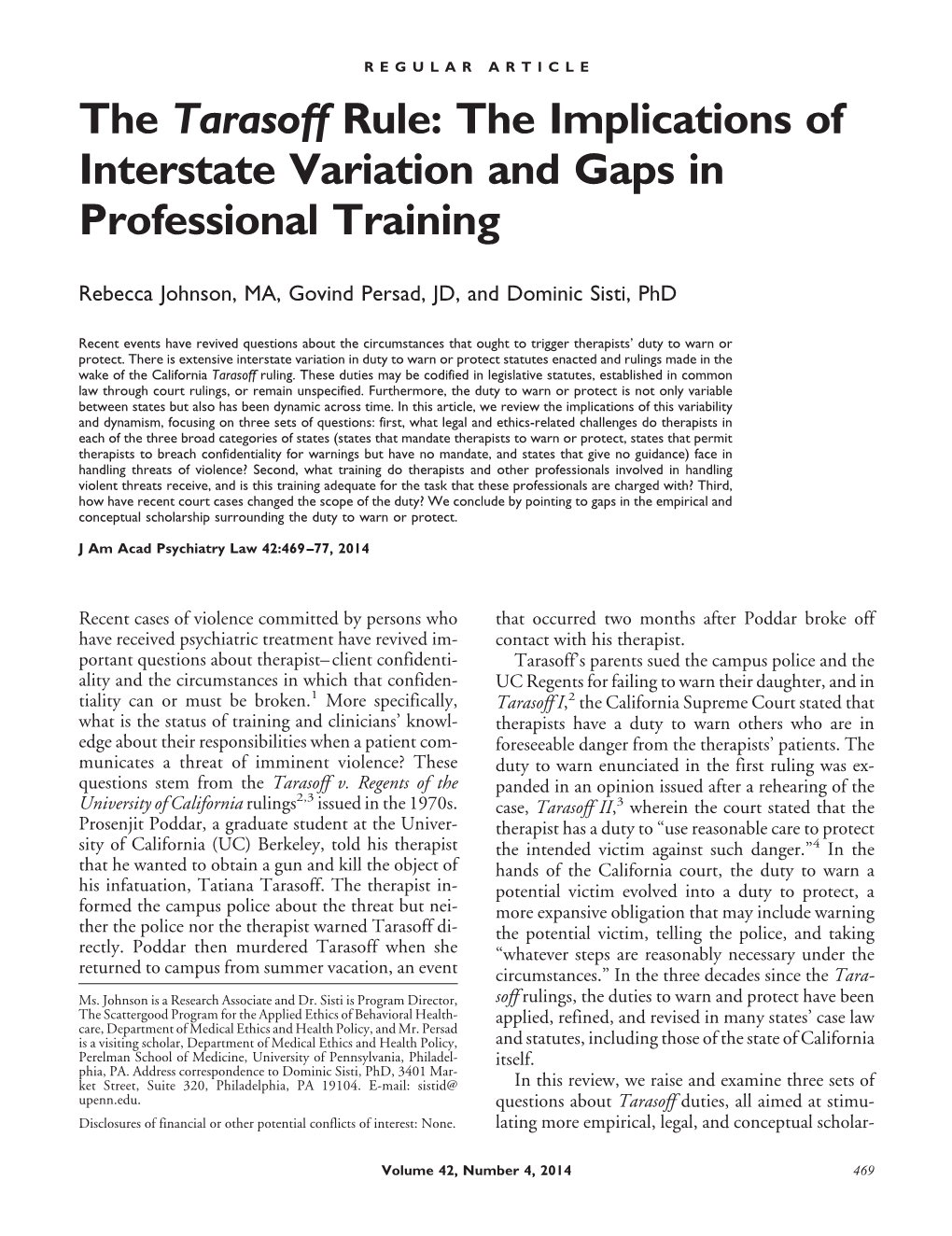 The Tarasoff Rule: the Implications of Interstate Variation and Gaps in Professional Training