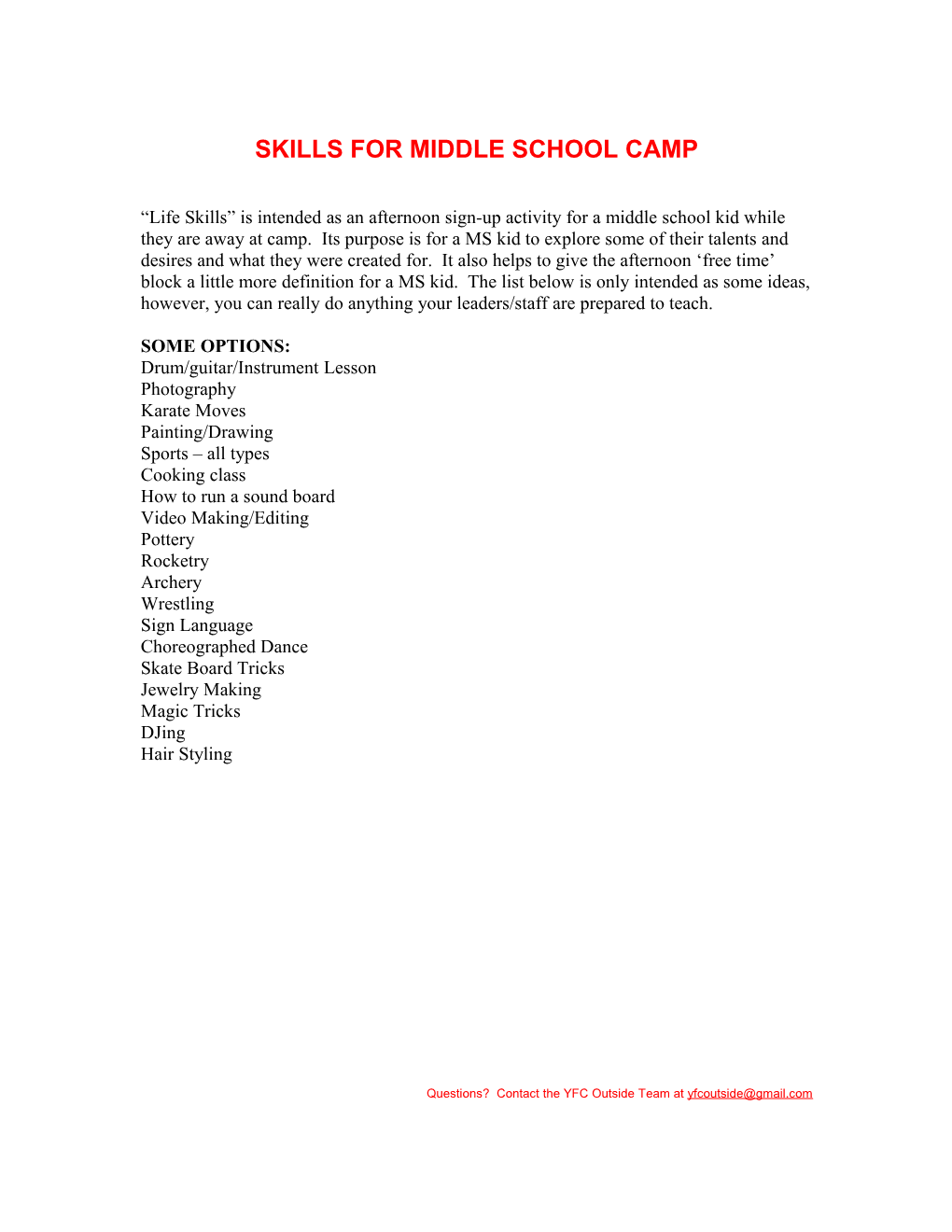 Skills for Middle School Camp