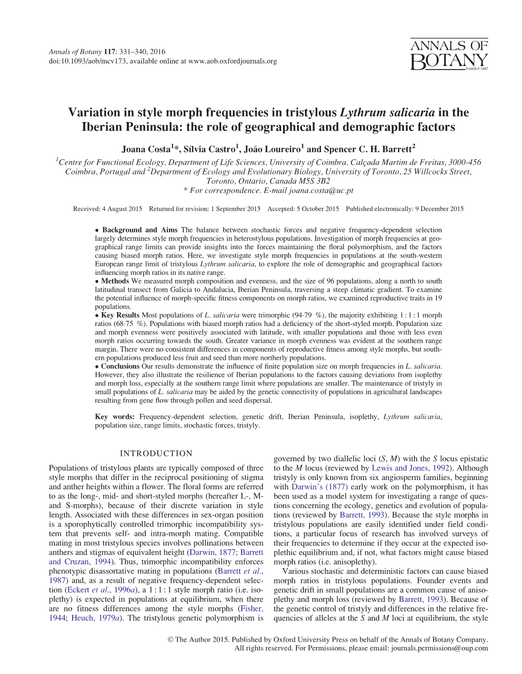 Variation in Style Morph Frequencies in Tristylous Lythrum Salicaria in the Iberian Peninsula: the Role of Geographical and Demographic Factors