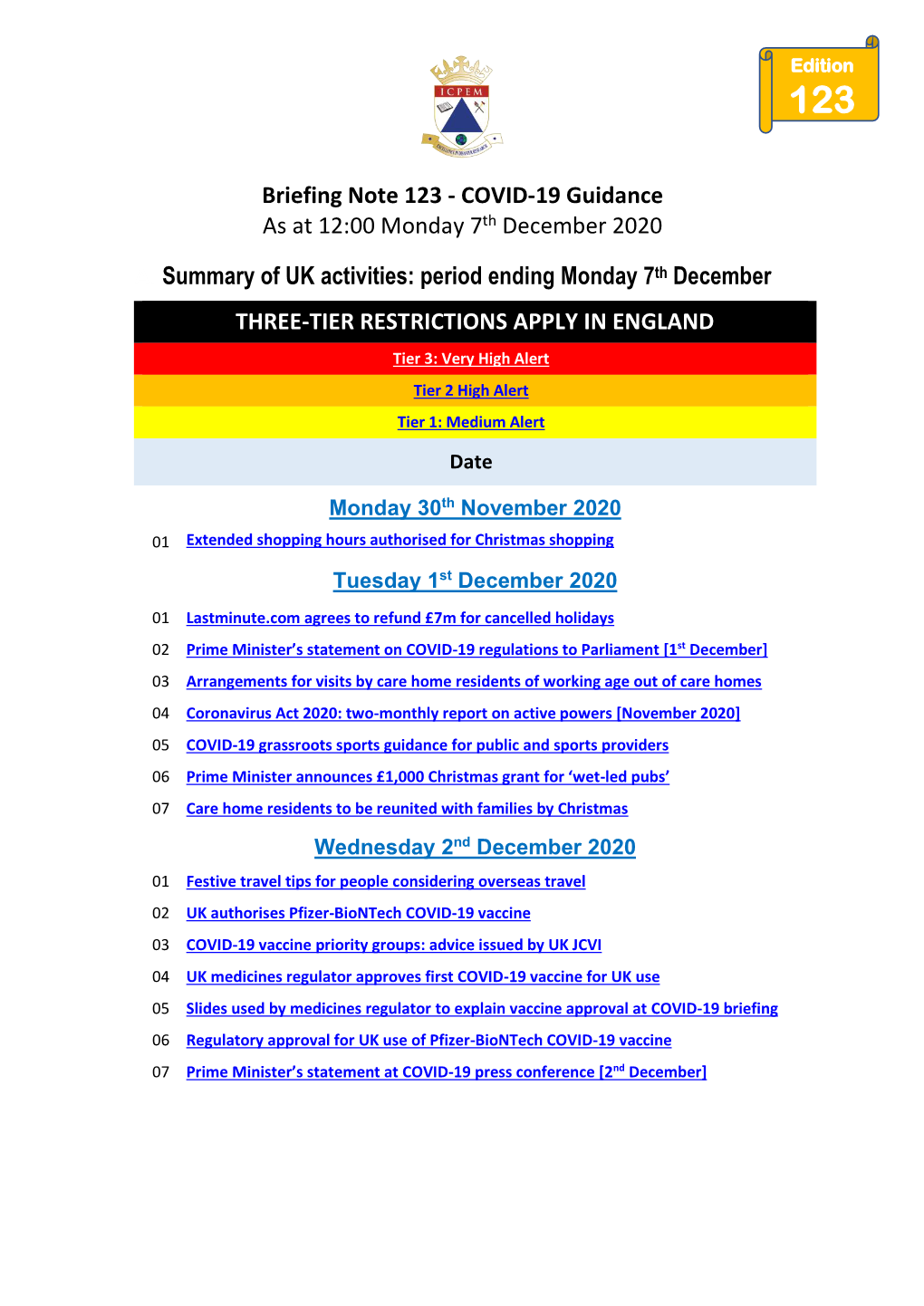 Briefing Note 123 - COVID-19 Guidance As at 12:00 Monday 7Th December 2020