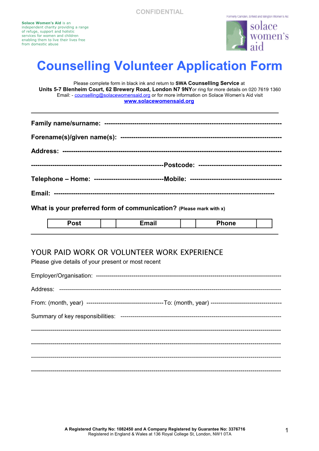 Counselling Volunteer Application Form