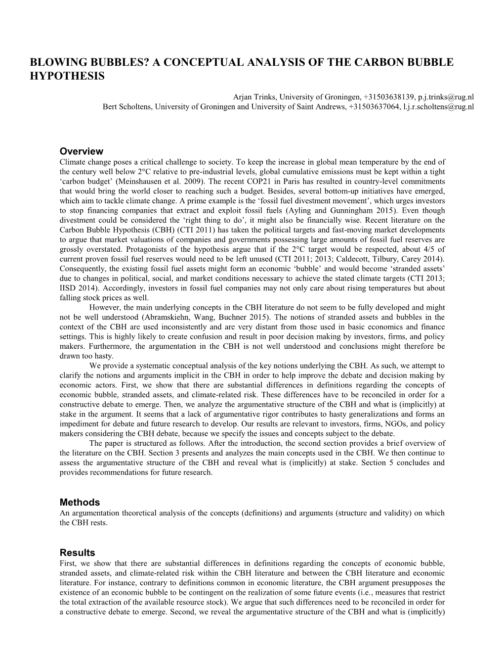 Blowing Bubbles? a Conceptual Analysis of the Carbon Bubble Hypothesis