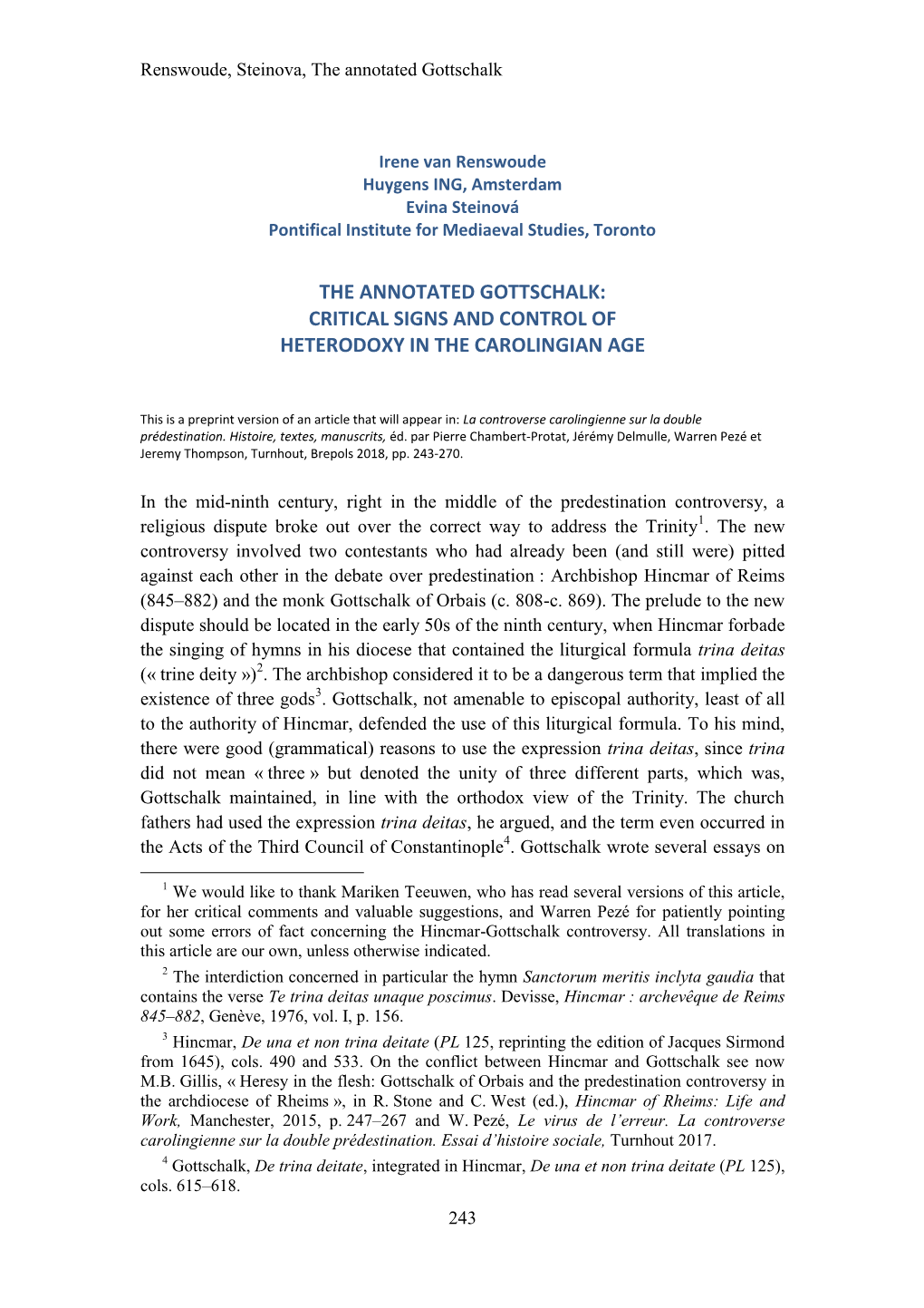 The Annotated Gottschalk: Critical Signs and Control of Heterodoxy in the Carolingian Age