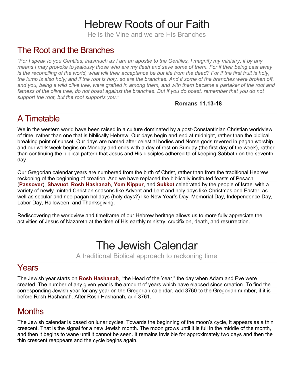 Hebrew Roots of Our Faith the Jewish Calendar