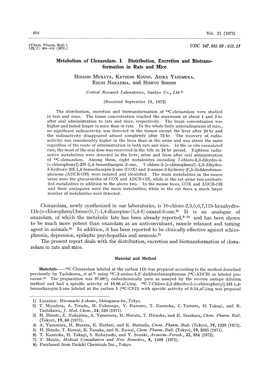 Cloxazolam, Newly Synthesized in Our Laboratories, Is 10-Chloro