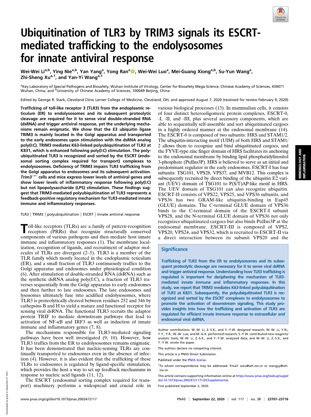 Ubiquitination of TLR3 by TRIM3 Signals Its ESCRT-Mediated