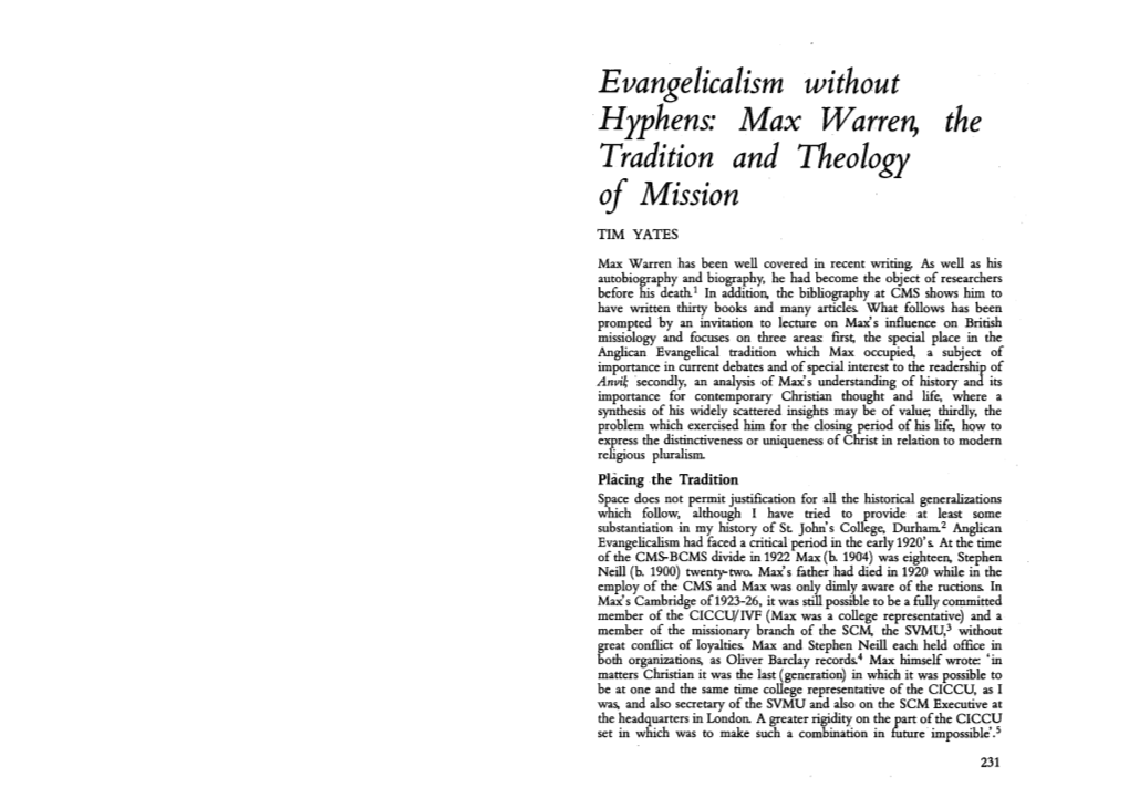 Max Warren, Tradition and Theology of Mission