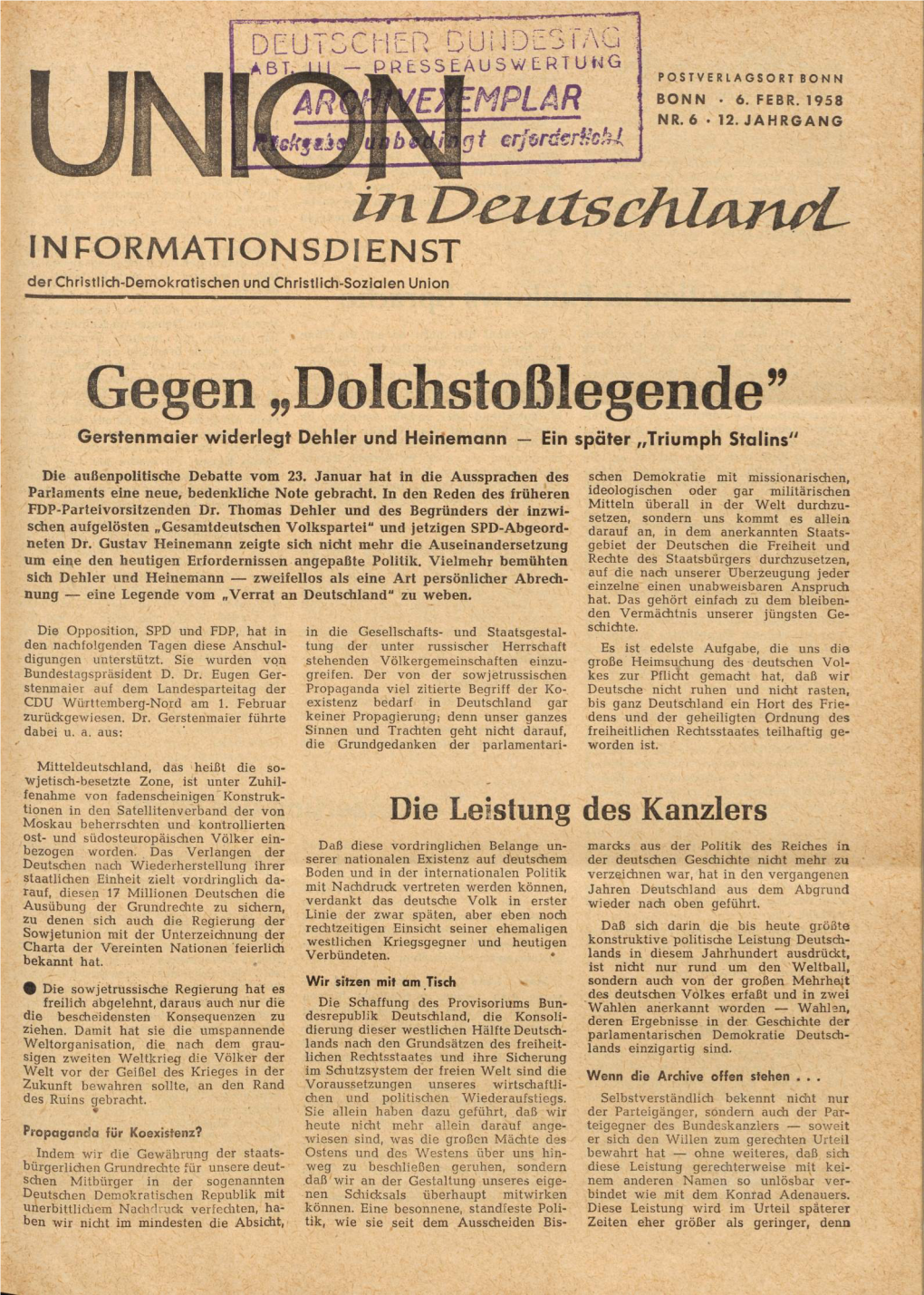 UID Jg. 12 1958 Nr. 6, Union in Deutschland